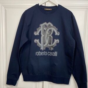 Roberto Cavalli Men's Sz Medium Luxury Studded Logo Navy Cotton Sweatshirt